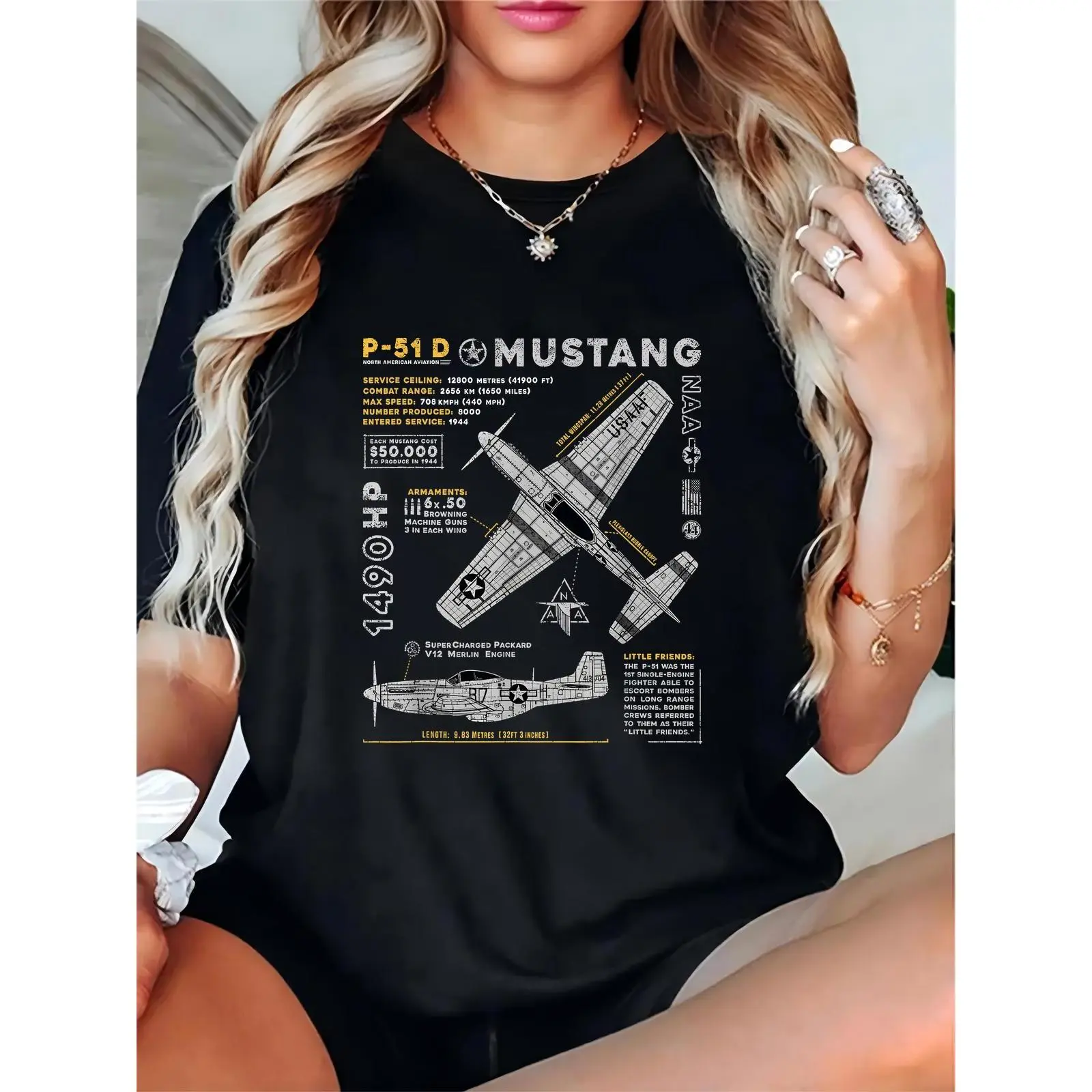 Women's Black T-Shirt with P-51D Mustang Fighter Plane Blueprint Graphic, Vintage Military Aviation Tee, Casual Daily/Outdoor Top for Aviation Enthusiasts, Ideal for 4th of July Celebrations, Comfortable Cotton T-Shirt for Women 100% Cotton T-shirt