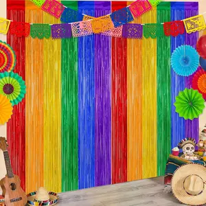 Cinco de Mayo Decorations Fiesta Party Decorations Foil Fringe Curtains Backdrop Fiesta Banner for Mexican Decor Wedding Engagement Rainbow Party Supplies