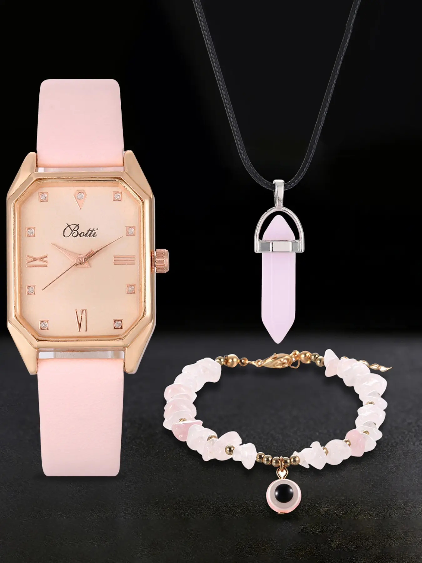 3pcs Elegant Teenage Style Set: Strap Quartz Watch, Amethyst Pendant Necklace, Stone Bracelet, Perfect Gift for Various Occasions