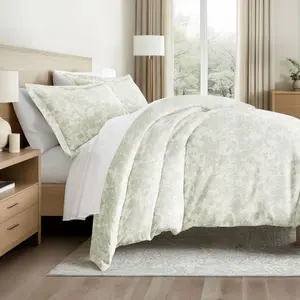 Weathered Floral 3PC Duvet Cover Set - Soft Microfiber, Zippered Closure, Easy Care - Becky Cameron, Weathered Floral Green Mist, King/California King
