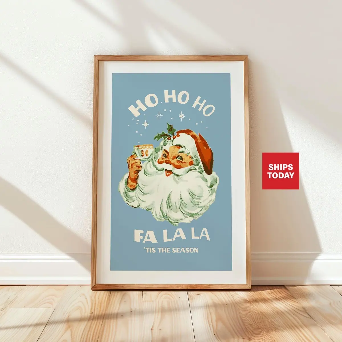Santa Coffee Print Retro Christmas Art Holiday Wall Art Coffee Bar Decor Christmas Kitchen Decor Holiday Coffee Drinker Gift for Friend Unframed, Room Decor