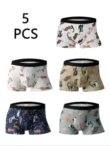 Men's Cat Print Underwear Set (5 Pieces), Stretchy Boxer Briefs, Comfortable Breathable Fashion Trendy, Straight Leg Pants Style for Young Men, All Seasons