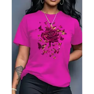 Fashion [Rose Printed] Women's Rose And Butterfly Printed T-Shirt | 1 Polyester Casual All Seasons