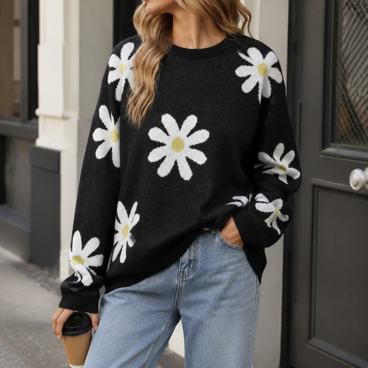 Women's Knit Sweater, Vintage Daisy Graphic Print Top with Crew Neck, Comfortable Slim Fit for Casual Streetwear Outfits, Flower, Jeans, Longsleeves, Skirts, Round Neck, Chic, Soft, Halloween, Everyday, Pullover, Elegant, Knitwear, Polyester, Thanksgiving