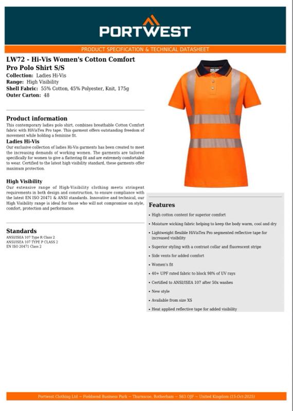 Portwest Hi-Vis Women's Cotton Comfort Pro Polo Shirt Short Sleeve with Reflective Stripes