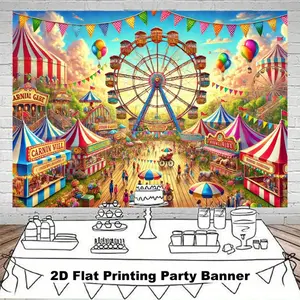 2D Flat, 1pc Carnival Party Banner - Vibrant Fairground Scene with Ferris Wheel, Striped Tents, and Colorful Balloons, Polyester 2D Backdrop for Indoor/Outdoor Celebrations, Weddings, Birthdays, Anniversaries, Carnival Theme Party | Festive Atmosphere |