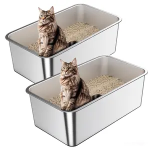 Zarler 2 Pack 6" 8”High Sided Litterbox Extra Deep Odor Free Easy Clean Long Lasting Modern Stainless Steel Litter Box Cats Durable Scratch-free Not stick Cat Toilet Pet Supplies Animal Litter Pan Basin for Big Cats