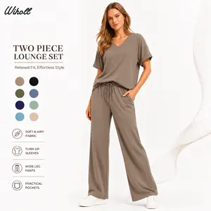 WIHOLL Lounge Sets for Women V Neck Turn-UP Sleeves Tops Wide Leg Pants 2 Piece Sets Oversized Summer Vacation Outfits 2026