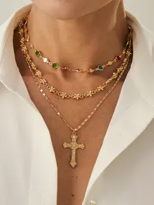 Women's Boho Style Alloy Chain Necklace Set, Layered Necklaces, Vintage Metal Cross Design Pendant Jewelry for Women, All Season Wearable Gift Idea
