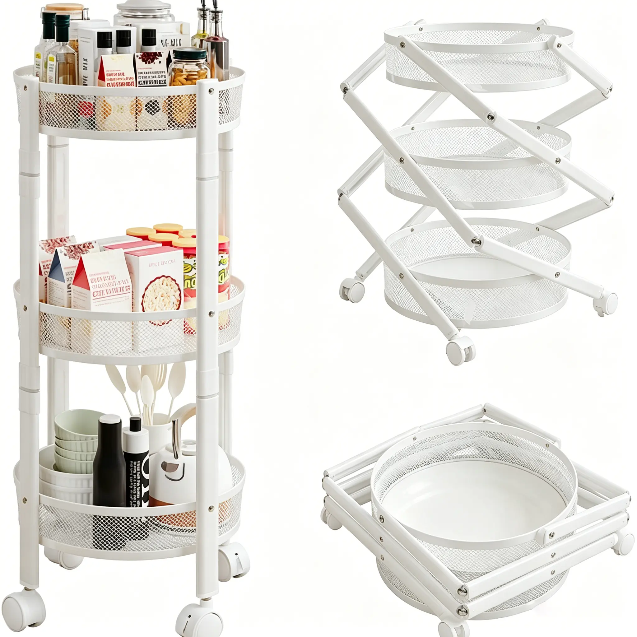 3-Tier Foldable Rolling Cart, Collapsible Metal Utility Cart with Wheels, No Assemble, Multifunction Storage Organizer Trolley for Kitchen, Bathroom, Dorm, Nursery, White
