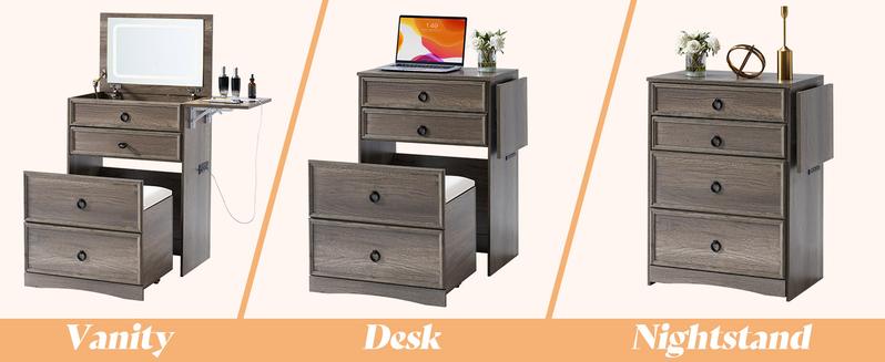 AMERLIFE 3-in-1 Makeup Vanity with Sliding Stool, Fold-up Panel, Divided Storage & Power Port, Farmhouse Makeup Table with Adjustable LED Light, for Small Space/Best Gift Ideas/Christmas Gifts