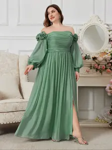 Elegant One Shoulder Silk Chiffon Maxi Dress, Simple Floral Embossed Lantern Sleeve, Waist Cinched, High Slit Evening Party Gown