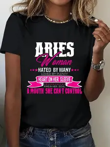 Women'S Aries Zodiac Graphic T-Shirt - 100% Breathable Round Neck Short Sleeve with "Aries Woman" & Astrological Symbols Print, Pink & Casual Comfort Fit, Machine Washable All-Season Top for Casual Attire & Birthday/Holiday Gifts (Aries Season March