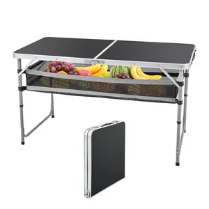 Grill Table for Outside, 3ft(L) x 2ft(W) Height Adjustable Camping Table Lightweight Aluminum Folding Portable Metal Folding Outdoor Grill Table for Camping Cooking BBQ RV Picnic (Black)