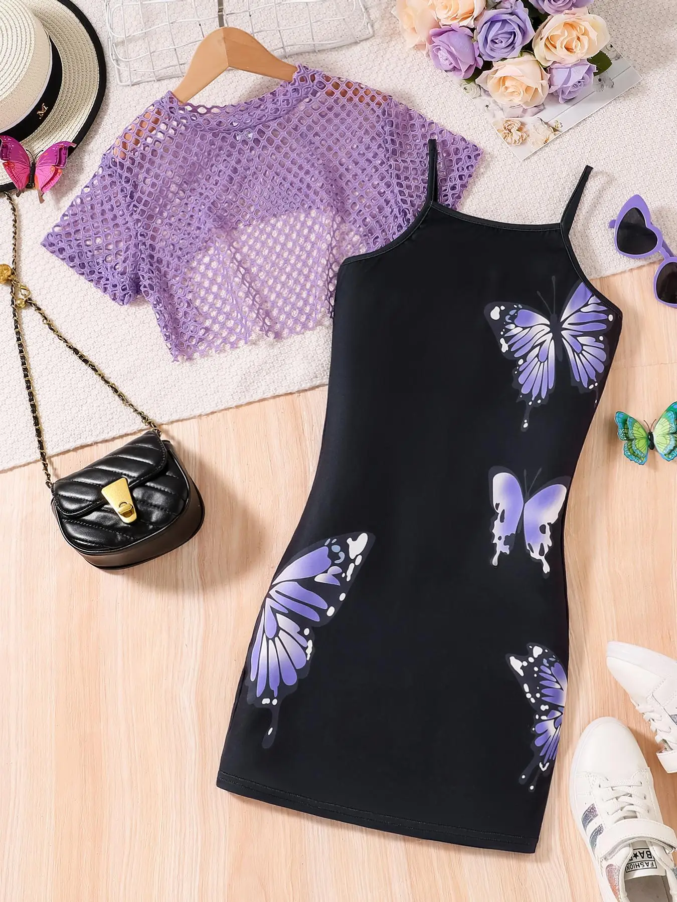 Girl's Butterfly Print Cami Dress & Crop Top Set, Casual Fashion Dress & Top for Daily Outdoor Wear, Kids Clothing for Summer