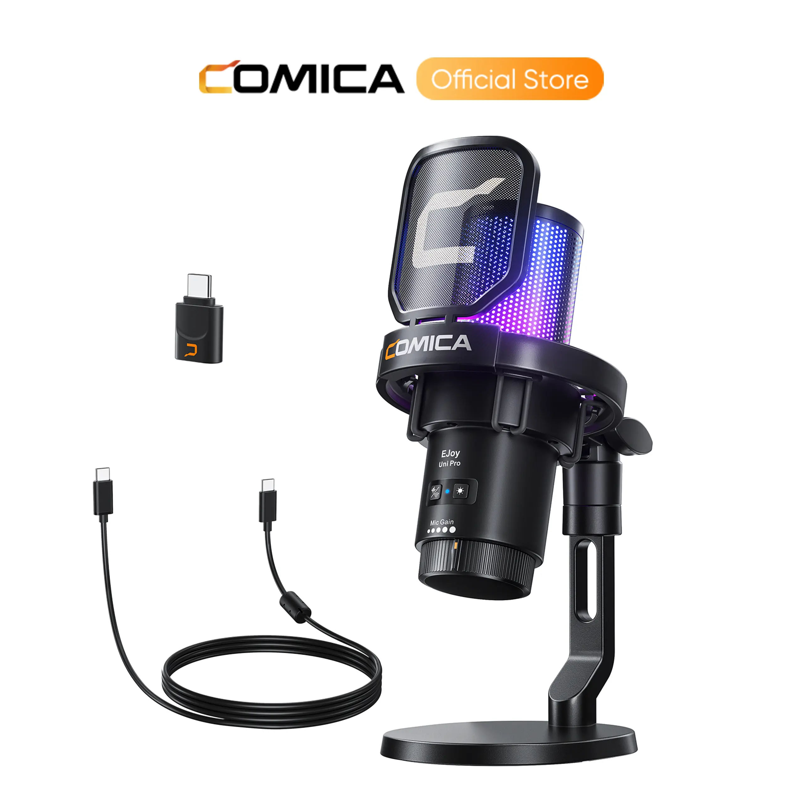 COMICA EJoy Uni/Uni Pro Wireless-Wired USB Gaming Condenser Microphone - Noise Canceling, RGB Lights, Mute, Gain, 3.5mm Jack, Manufacturer Warranty, Gaming Accessories for PC, Laptop, Mobile, PS5, PS4 (Streaming, Recording Use)