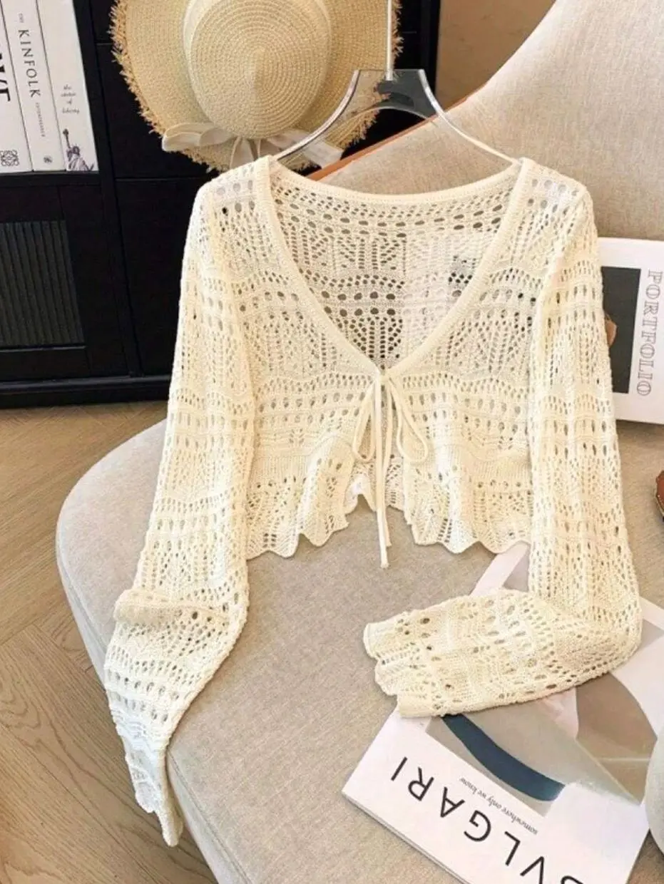 2026 New Sweet Style Sunscreen Cardigan, Hollow Crochet V-Neck With Ties, Short Long-Sleeve Top