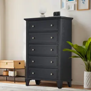 Spacious Storage Solution 5-Drawer Wooden Dresser – Tall Vintage Chest with Wide Drawers, Metal Handles & Anti-Tip Design, Organizer for Bedroom, Closet, Hallway, Living Room