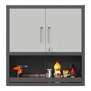 Steel Wall-Mounted Tool Storage Cabinet with Locking Doors, Smooth Surface, 1 Shelf, 1 Open Drawer, Labeled Parts for Garage, Warehouse (Assembly Required)