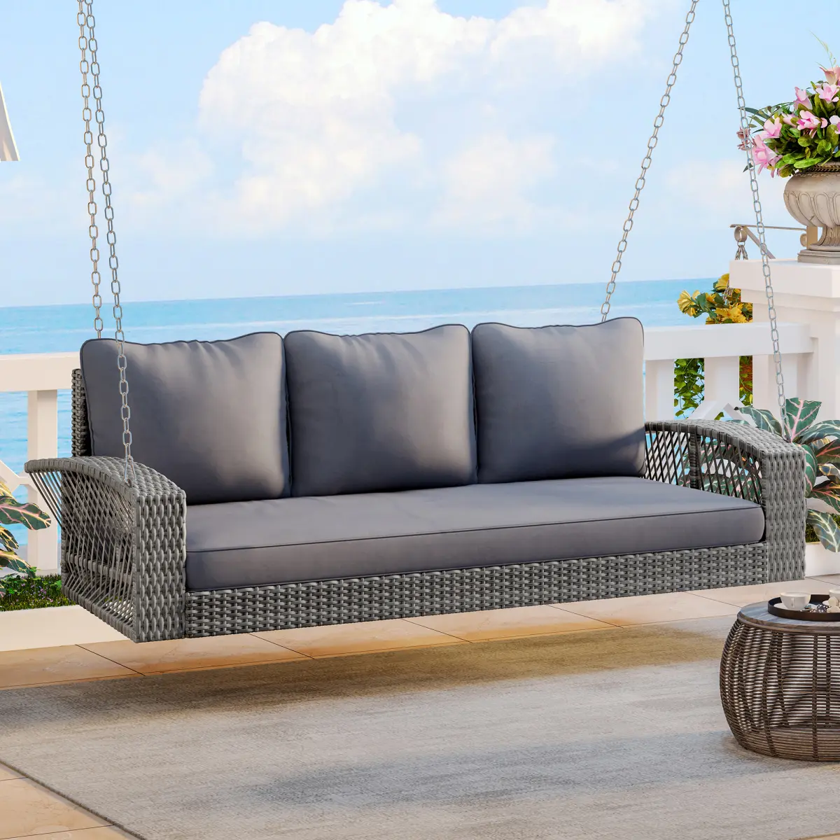 Gray 69" Outdoor Wicker 3-Person Porch Swing Bench, PE Wicker Patio Swing with Chains and Cushions, for Backyard and Poolside, Outdoor Wicker Swing