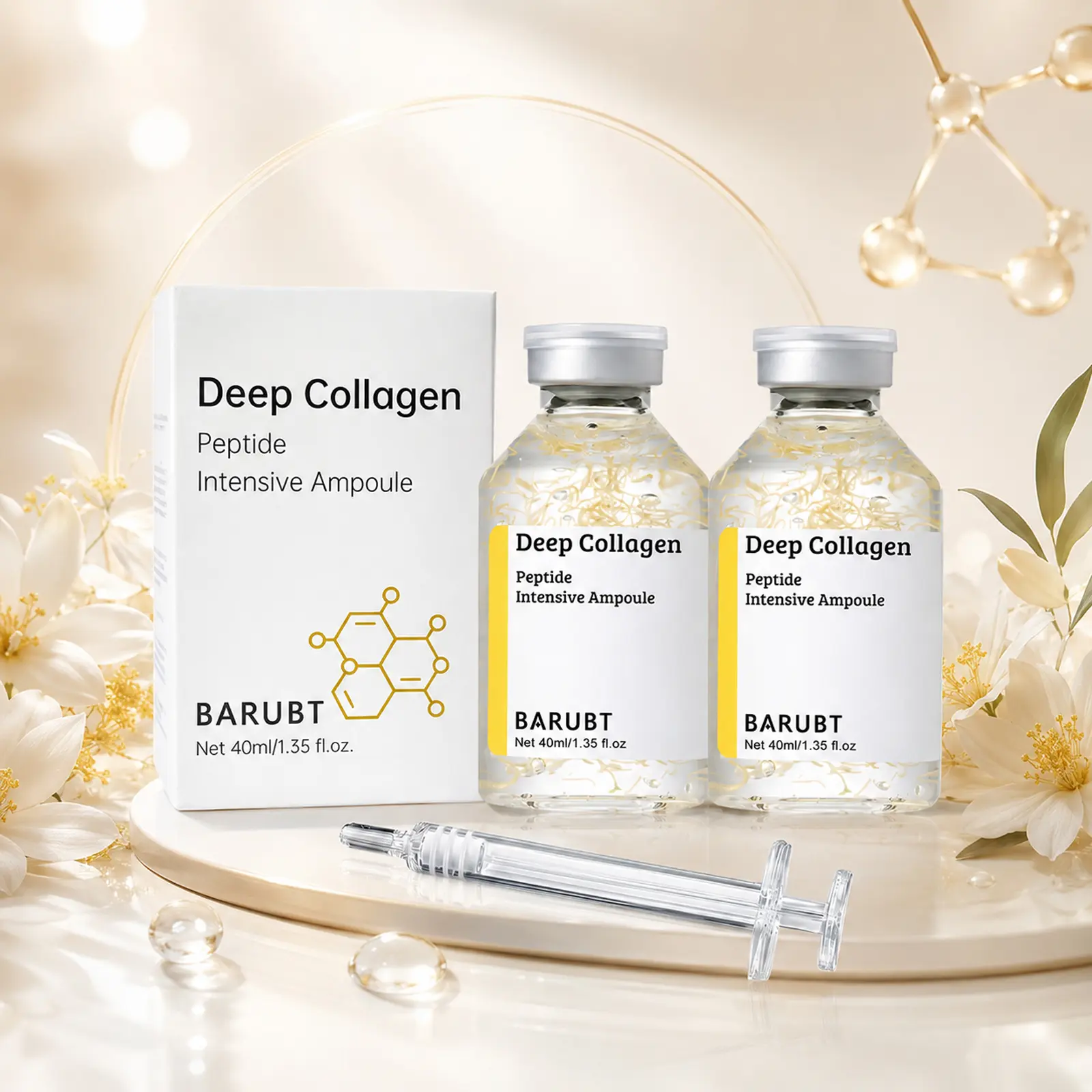[BARUBT] Deep Collagen Peptide Ampoule, 2-Pack Facial Serum with Peptides & Silk Peptide Complex, Lightweight Hydrating Essence for Smoother, Firmer-Looking Skin, Fast-Absorbing Anti-Aging Skincare (1.35 fl oz Each)