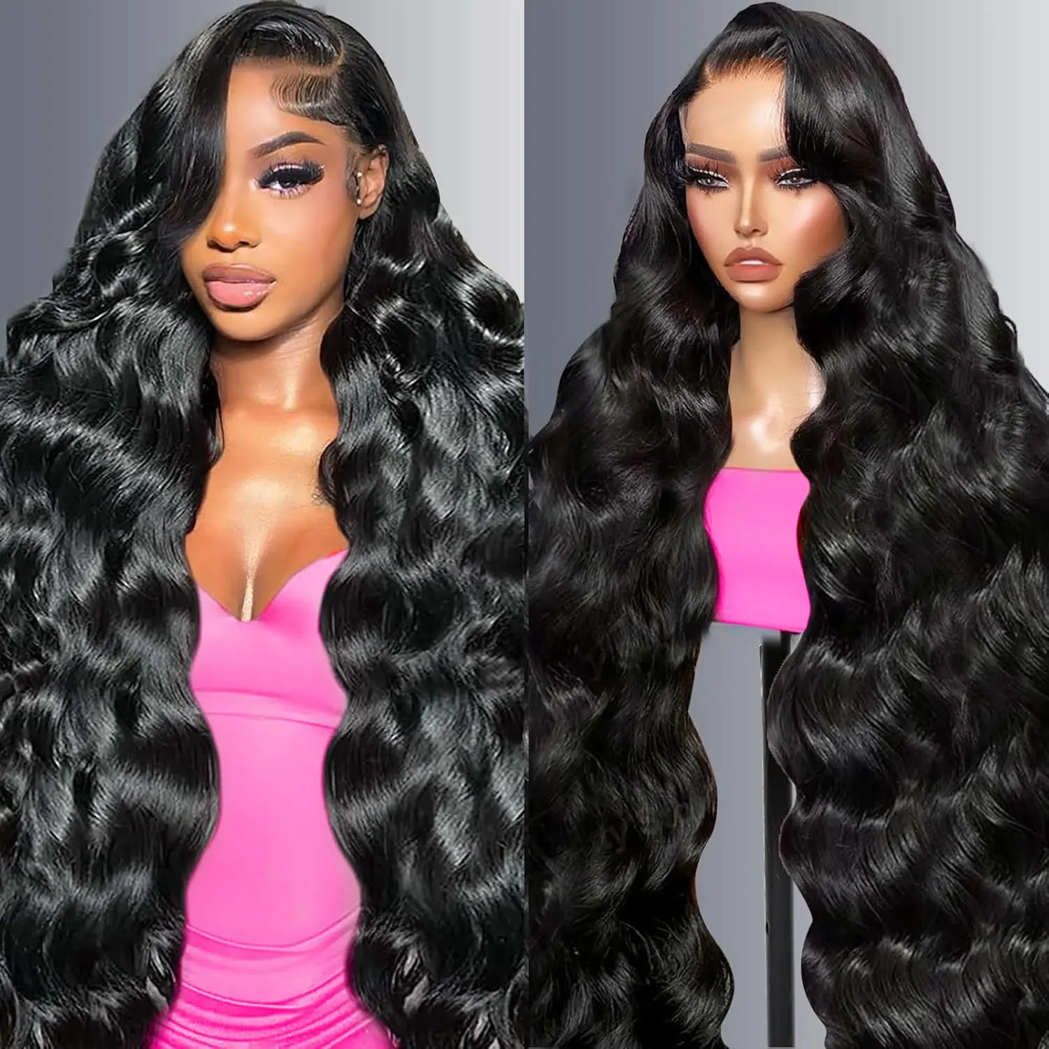 30 Inch Body Wave Wig Blended Human Hair Synthetic 13x6 HD Lace Front Wigs ,Glueless Wigs for Women 200 Density Natural Black Wig Pre Plucked Lace Frontal Wigs