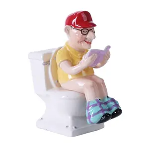 Grandpa Sitting on the Throne Toilet Magnetic Ceramic Salt and Pepper Shaker Set
