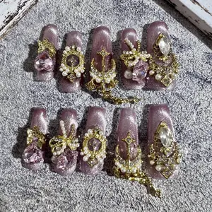 Pink Fireworks Cat Eye Square Shape Acrylic Luxury Handmade 3cm Press On Nails