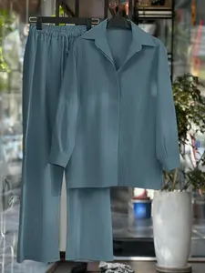 Women's Four Seasons Set, Includes Shirt and Wide Leg Pants, Long Sleeve Button Closure Design, Comfortable Style, Winter Two-Piece Set