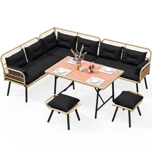 YITAHOME 6-Piece Outdoor Wicker L-Shaped Furniture Ensemble, All-Weather Rattan Sofa Set with Plush Cushions, Ottomans, and Synthetic Wood Dining Table for Deck or Backyard