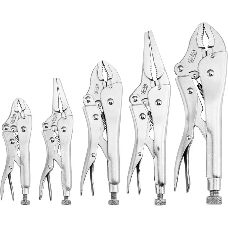 5-Piece Chrome-Vanadium Steel Locking Pliers Set with Curved Jaw & Long Nose Styles, 5/7/10in & 6.5/9in Sizes, Powerful Hold for Plumbing, Auto Mechanics & General-Purpose Tasks