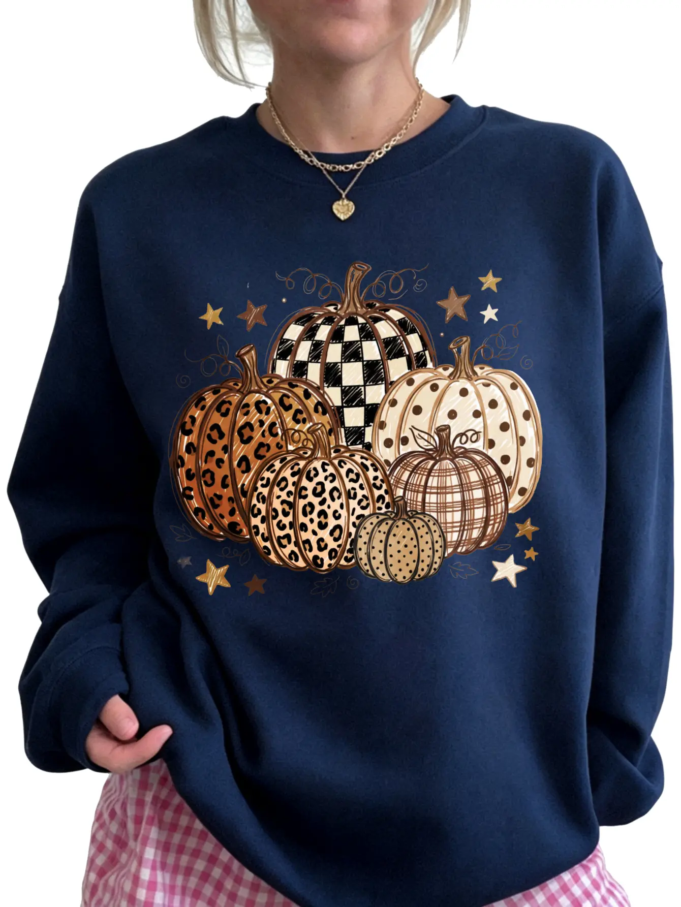 Women's Gildan Navy Cotton Fleece Long Sleeve Round Neck Crewneck Sweatshirt - Yarn Fabric, Everyday Casual Oversized Pullover, Smooth Ribbed Details, Cute Leopard Checkered Pumpkin Graphic, Cozy Autumn Thanksgiving Gift