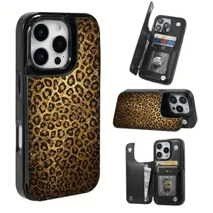 Fashionable Cool Gold Leopard Pattern Leather Card Holder Phone Case, Suitable for iPhone 17 Air/16 Plus/15 Pro Max/14 Pro/13/12/11/XS Max/X Phone Case, Best Gift Choice for Family, Friends, Lovers, Boyfriend and Girlfriend for New Year and Christmas