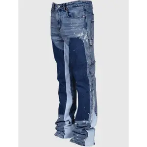 Men's Fashion Jeans Work Pants, European and American Fashion Workwear Elastic Patchwork Denim Layered Flared Pants S-XXL Menswear Trouser Oversize Streetwear
