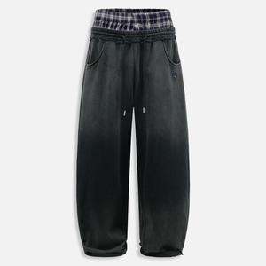 Aelfric Eden Double Waist Washed Baggy Sweatpants Loose Wide Leg Plaid Patchwork Casual Pants with Pockets   Unisex Vintage Streetwear Joggers,summerwins,father'sdaygifts