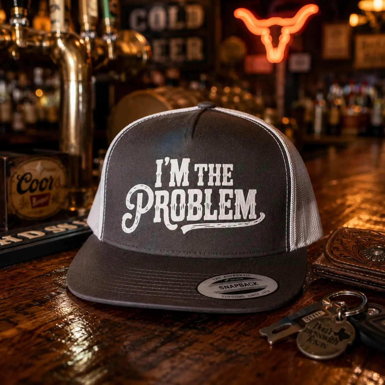 Vintage Retro Distressed Text "I Am The Problem" Western Bold Humor Premium Cap - Cool Hat, Caps with Designs, Mens Hats, Accessories for Women, Unisex Party Supply
