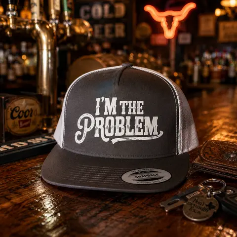 Unisex Retro Vintage Distressed Text "I Am The Problem" Western Bold Humor Premium Adjustable Snap Mesh Back Trucker Cap - Caps with Designs, Cool Hat, Men's Hats, Festive & Home Party Supply Accessory