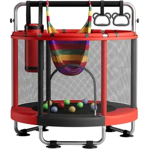 55" Adjustabl Kids Trampoline with Enclosure  440lbs Capacity, Adjustable 3-Level Gymnastics Bar & 5 Toys, Indoor/Outdoor Toddler Trampoline with Silent Suction Pads for Boys Girls