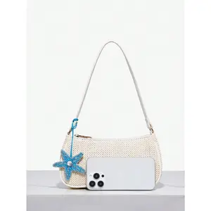 Boho Seashell Shoulder Bags Zipper Single Strap Straw Handbags Underarm Purses