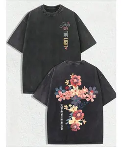 Jesus Is The Light Floral Cross Graphic T-Shirt, Vintage Distressed Faith Tee, Front Letter Print Back Floral Cross Design, Christian Casual Short Sleeve Shirt, Gift for Friends & Family