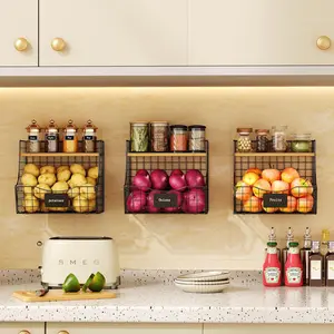 3-Pack Fruit Basket with Wooden Lid - Stackable Metal Baskets for Kitchen Counter & Wall Storage