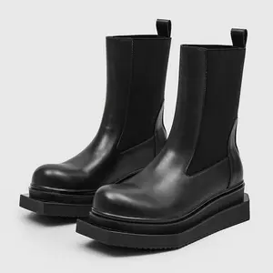 Men's black chunky chelsea boots, thick platform sole ankle boots, minimalist edgy style