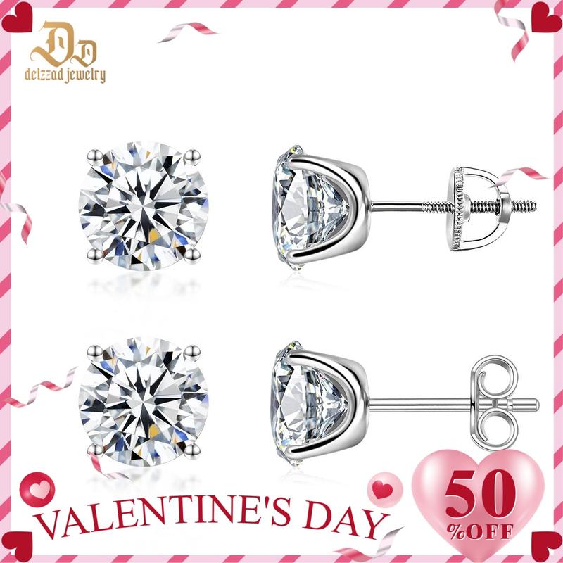 Delzzad 14k Gold-Plated Solitaire Four Prong Earrings Screw Back/Butterfly Back Lab-Created Moissanite Stud Earring S925 Sterling Silver Moissanite Jewelry Perfect Birthday Mother’s Day Christmas Gift for Men Women Wedding Set