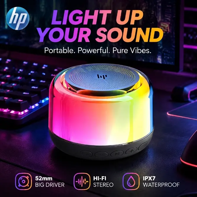 HP Portable RGB Bluetooth Speaker, Hi-Fi Stereo Sound with 52mm Driver, 6-Color LED Lights, IPX7 Waterproof Wireless Speaker for Gaming Desk, Bedroom, Party & Gifts