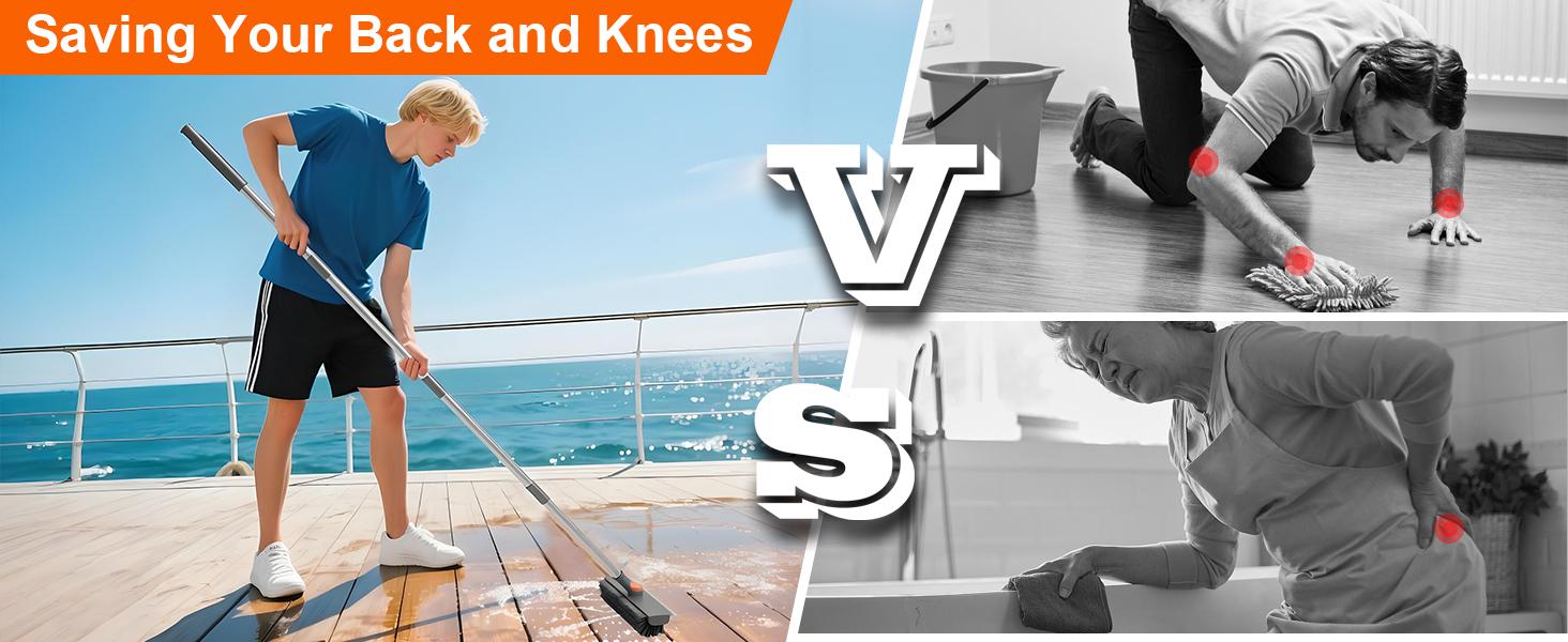 3 in 1 Floor Scrub Brush with Long Handle, Stiff Bristle Scrubber with Silicone Squeegee and Hair Removal Clip, 360° Rotating Bathroom Cleaning Brush for Tile, Grout, Shower, Tub, Glass, Wall, Kitchen and Floor Cleaning