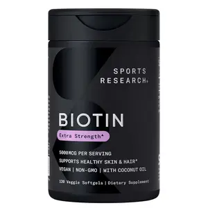 Sports Research® Biotin 5,000mcg with Organic Coconut Oil - Biotin (Vitamin B7) for Healthy Skin and Hair Support* - for Women and Men - Vegan, Non-GMO, Gluten & Soy-Free - 120 Veggie Softgels