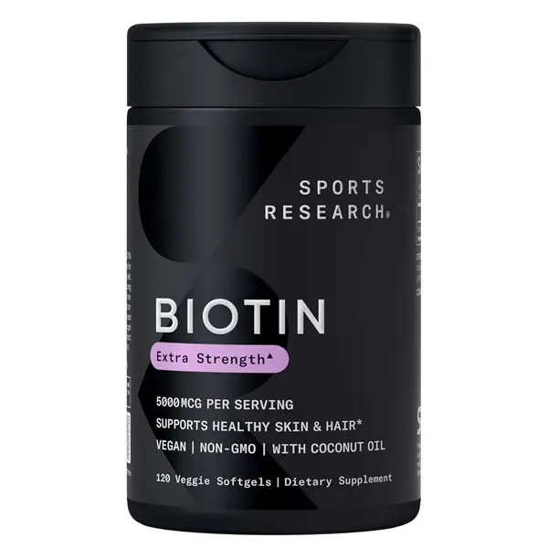 Sports Research® Biotin 5,000mcg with Organic Coconut Oil - Biotin (Vitamin B7) for Healthy Skin and Hair Support* - for Women and Men - Vegan, Non-GMO, Gluten & Soy-Free - 120 Veggie Softgels