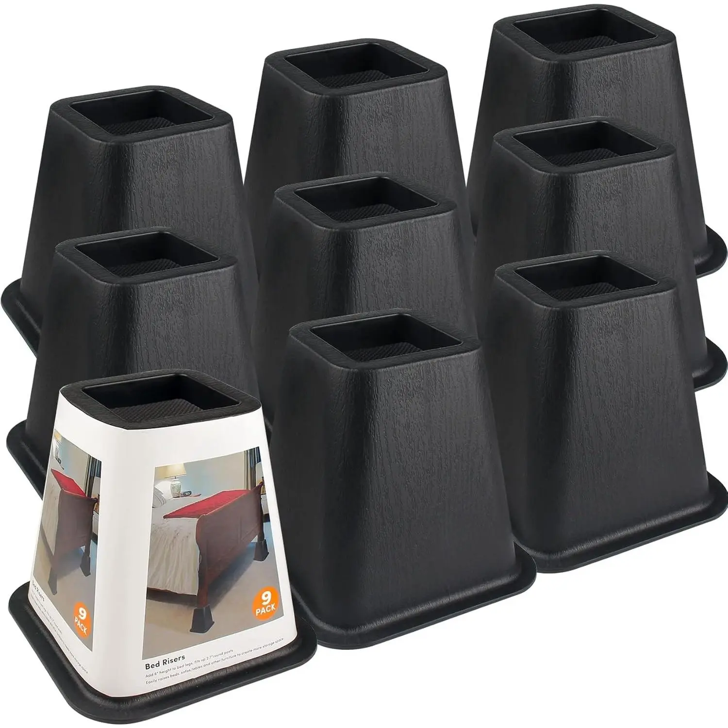 Bed Risers 6 Inch Heavy Duty 9 Pack, Furniture Risers for Sofas , Bed Furniture Risers with Non-Slip Pad Supports Up to 2200 Lbs for Bed, Couch, Desk, Chair (Black)