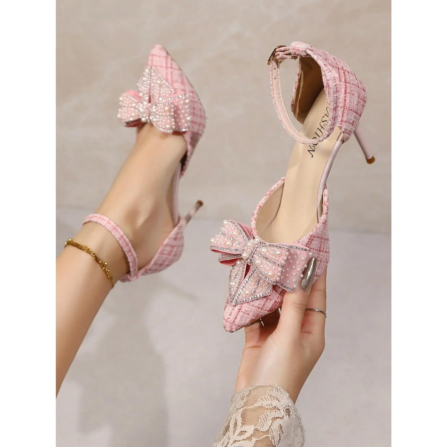 Women's 2024 Pointed-Toe Heel Pumps -, Rhinestones, Bowknot, Transparent Fairy Ankle Strap French-Style Female Footwear & Outdoor Accessories Complement, Parties