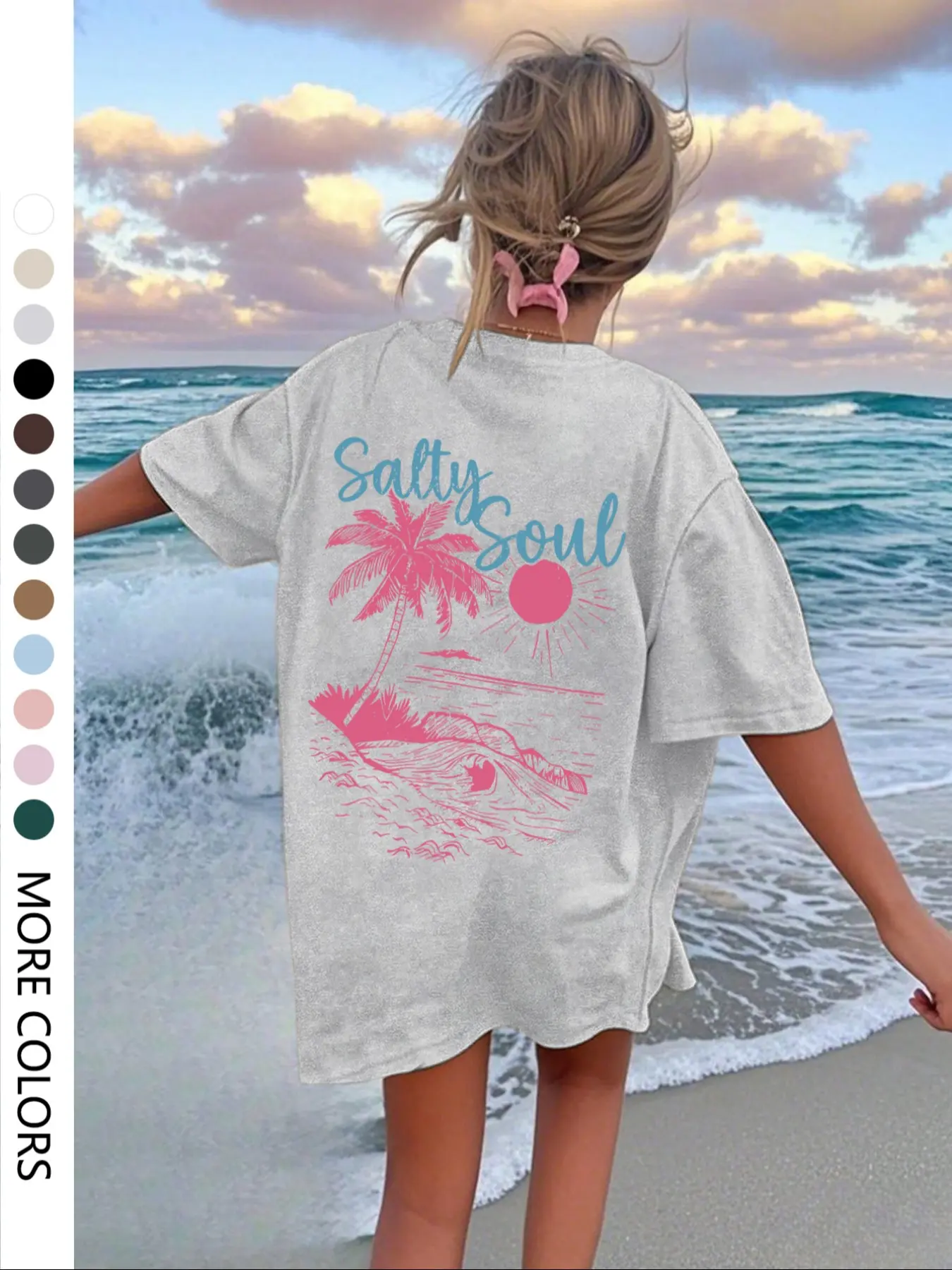 Women's Summer Beach Tropical Coconut Tree Print Round Neck T-Shirt, Casual Loose-Fit Oversized Tee for Daily Wear, Fashionable Vacation, Everyday